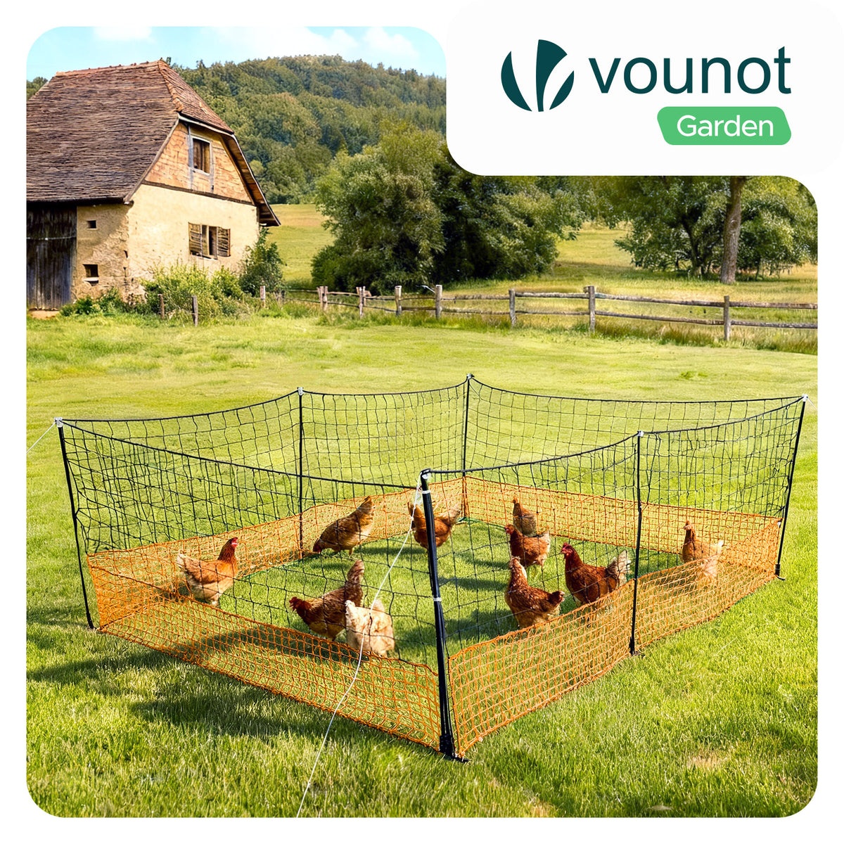 VOUNOT® Mobiler Hühnerzaun 15m Mit Tür & Doppelspitzen – PE-Netz, Ohne Strom – Für Garten, Hof & Tiere