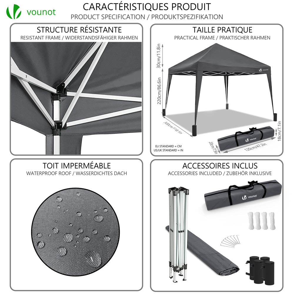 VOUNOT Pavillon 3x3 M Mit 4 Seitenwänden & 4 Sandsäcken – Wasserdicht, UV-beständig, Faltbar, Inkl. Tragetasche (Grau) VOUNOT Pavillon 3x3 M Mit 4 Seitenwänden & 4 Sandsäcken – Wasserdicht, UV-beständig, Faltbar, Inkl. Tragetasche (Grau)