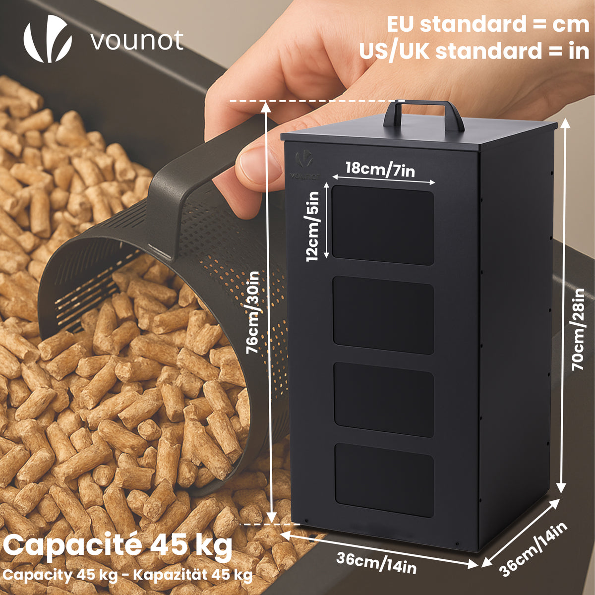 Metall Pelletbehlter mit Rollen, 55 kg Pelletbox, 36x36x76 cm, Schwar  VOUNOT DE