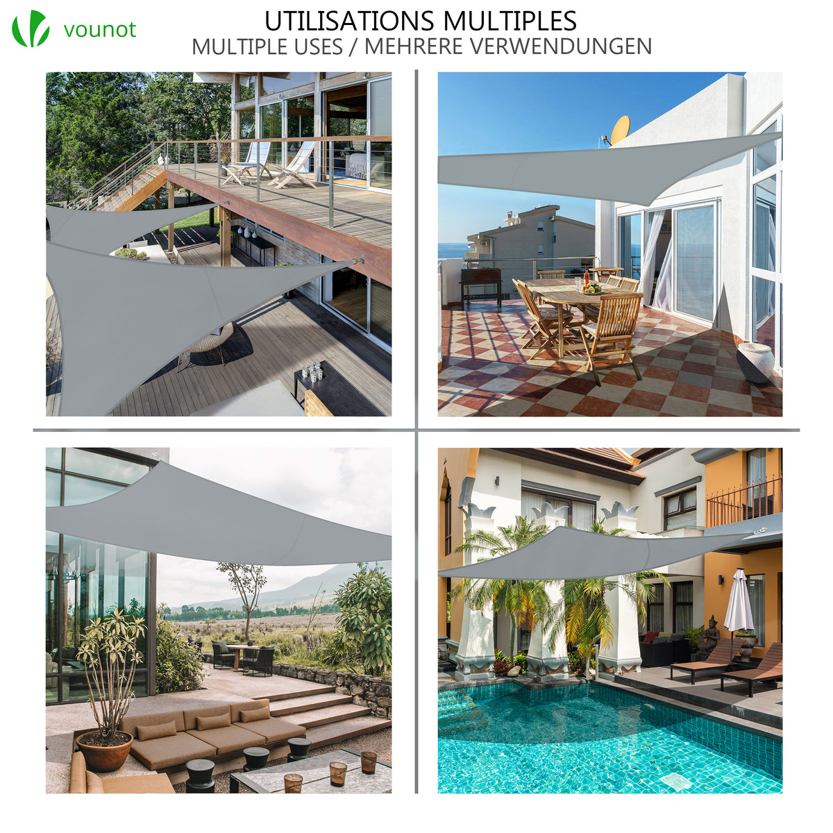Sonnensegel Dreieckig inkl. Befestigungsseile Wasserdicht Sonnenschutz, für Balkon Garten Terrasse, 3x3x3m Grau
