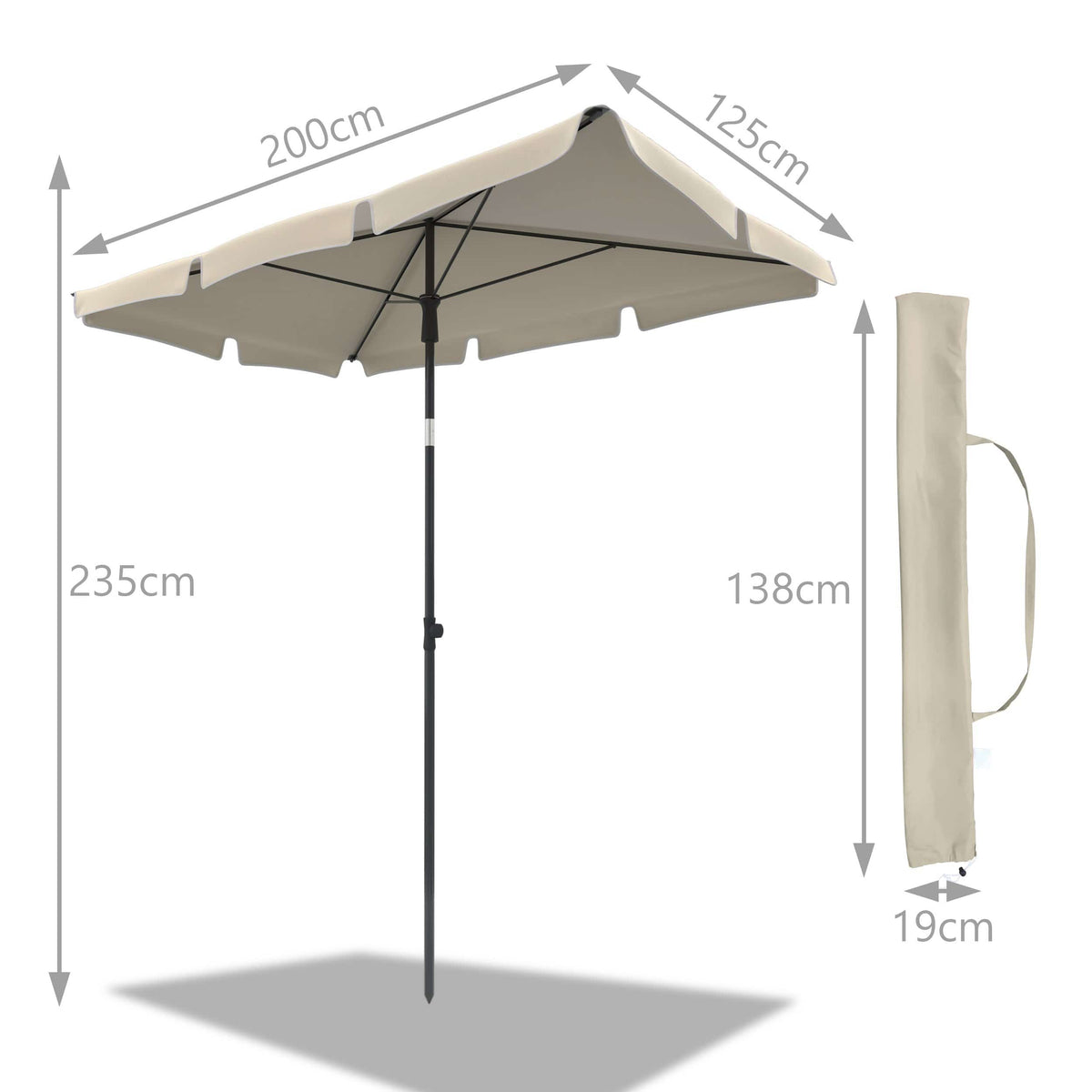 4smile Sonnenschirm Balkon 200x125 Cm Mit Schirmhülle, Taupe - UV50+ Sonnenschirm Rechteckig Knickbar Höhenverstellbar, Sommer Schirm Für Sonnenschutz Balkon Als Ersatz Für Ampelschirm