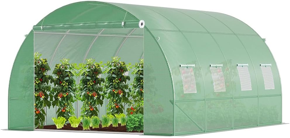 Produktbild von YUENFONG Foliengewächshaus 9 M² – 4,5x2x2 M, Mit Gitternetzfenstern & Tür, Winterfest – Inkl. Erdanker & Seilen
