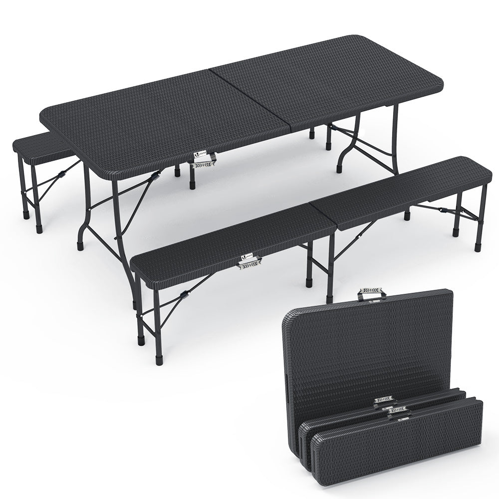 Bierzeltgarnitur Klappbar 3-teilig Set, 1 Biertisch & 2 Bierbänke, Festzeltgarnitur Rattan-Optik Gartengarnitur Campingset, Schwarz