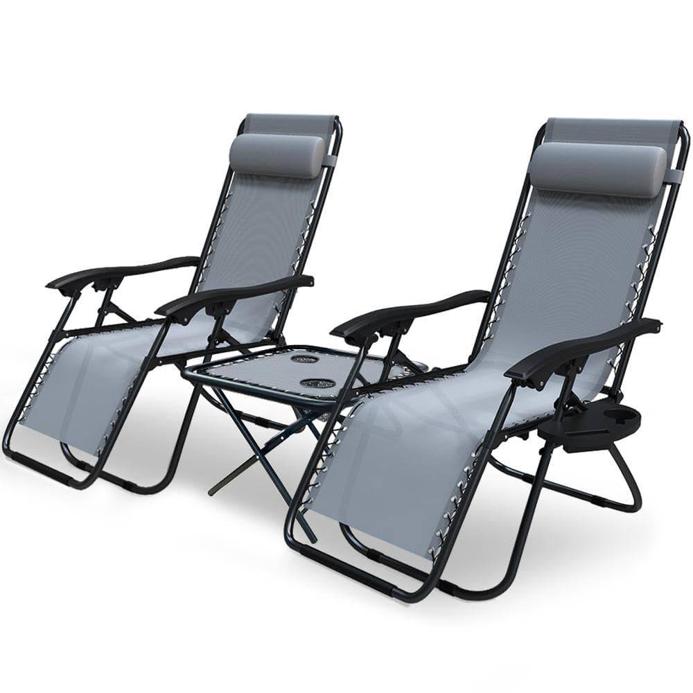 2er-Set Liegestuhl Klappbar mit Beistelltisch, Relaxstuhl Garten mit  Getränkehalter und Kopfpolster, Grau